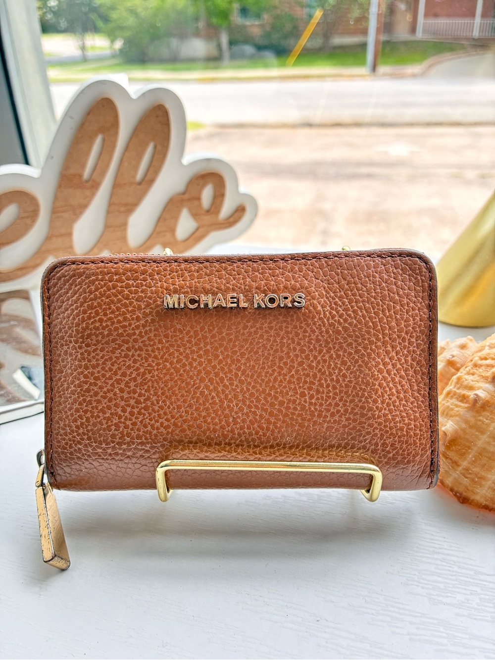 Michael Kors Tan Pebbled Leather Zip-Around Wallet with Gold Logo